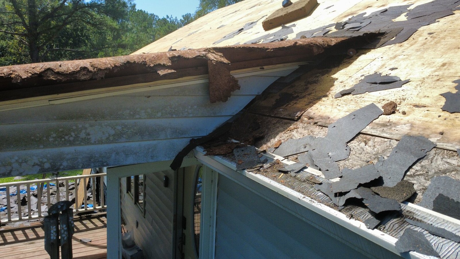 Deteriorated roof decking exposed during a Cottageville, SC roof replacement.